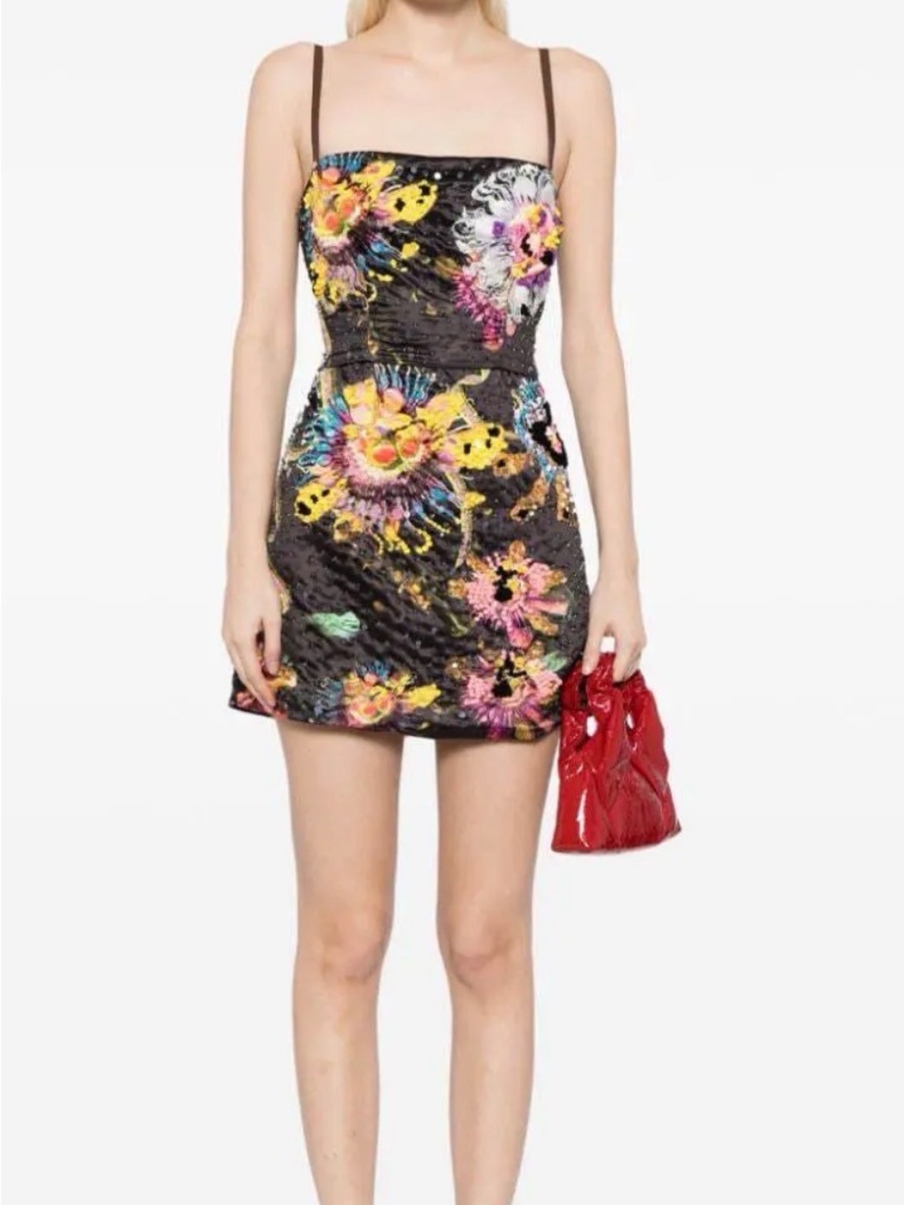 NWT Cynthia Rowley Kaia Black Satin Mini Dress with Multicolor Floral Embroidery